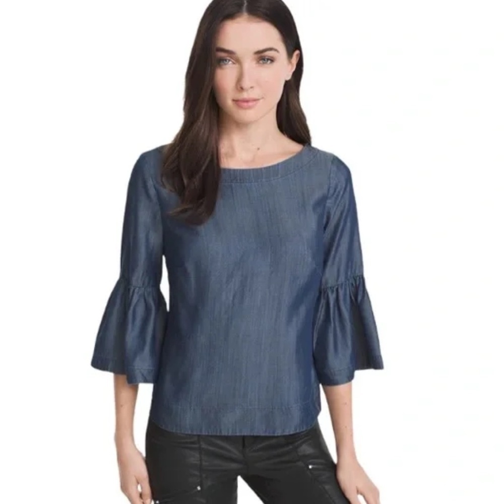 White House Black Market Size 0 Emma Chambray Blouse 3/4 Quarter Bell Sleeves